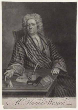 NPG D27605; Thomas Weston by John Faber Jr, after  Michael Dahl